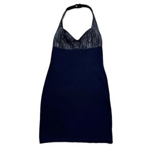 Y2K Firenze Black Halter Navy Cotton Mini Dress XS Western Festival Babydoll